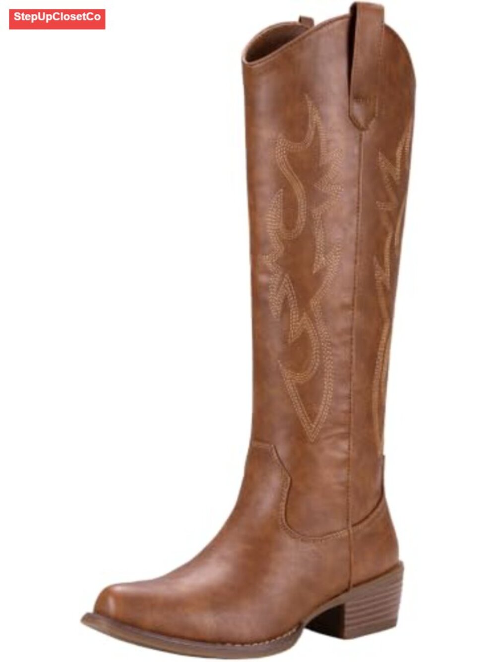 Women's Knee High Cowboy Boots Low Heel Western Embroidered Synthetic Leather